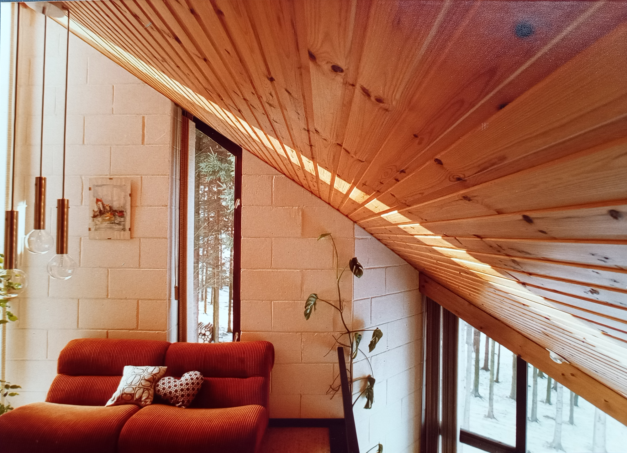 Salon intérieur, plafond en bois incliné, vue sur forêt enneigée